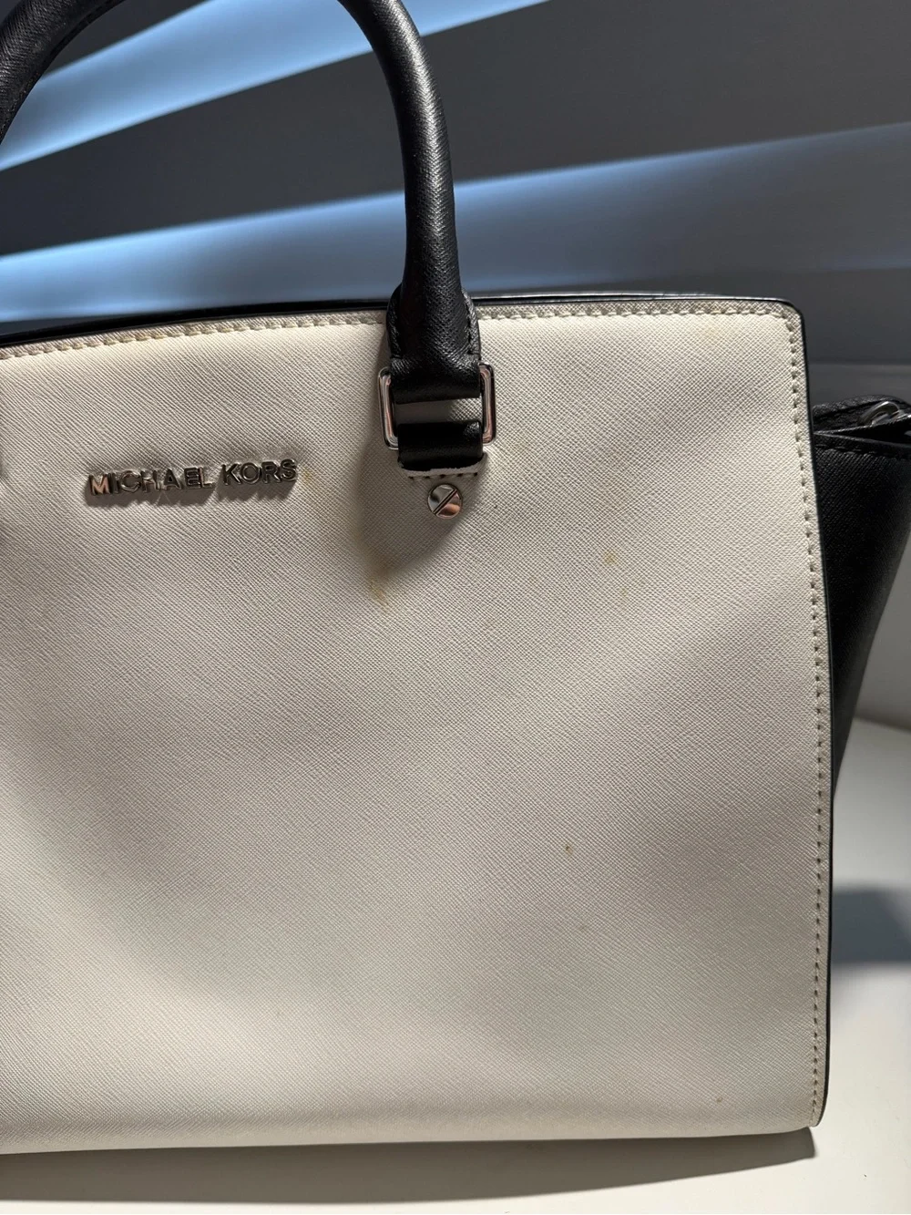 Michael Kors White & Black Saffiano Leather Satchel Shoulder Bag